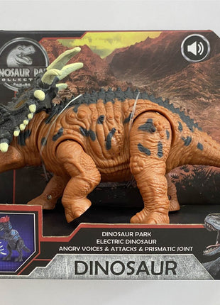 Dinosaur Park elektrischer Dinosaurier (Triceratops-ähnlich) in Displaybox, orange-grau, mit Hörnern und Soundsymbol