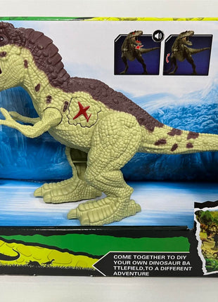 Elektrischer Dinosaurier in Display-Verpackung, gelb-beige mit braunem Rückenstreifen, Maul offen, Sound- und Schwanzbewegung