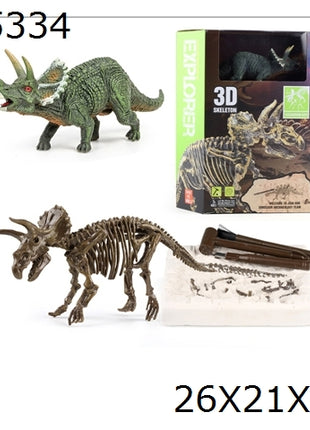 Box eines Triceratops-Ausgrabungssets „Explorer“ mit 3D-Skelett, Dino-Figur, Ausgrabungsblock sowie Bürste und Meißel