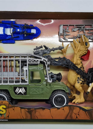 Dinosaurier-Spielset in Fensterbox mit grünem Transporter mit Greifarm, Dinosaurier, Actionfigur, Mini-Flugzeug und Zubehör