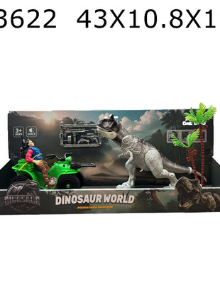 Dinosaur World Dinosaurier-Playset mit grauem Dinosaurier, Figur auf gruenem ATV und Palmbaum in Display-Box