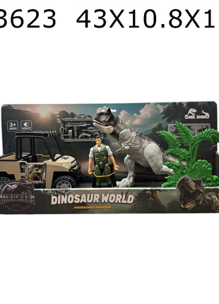 Dinosaur World Dinosaurier-Spielset mit grauem T-Rex, Geländewagen, Action-Figur und zwei Palmen in offener Verpackung