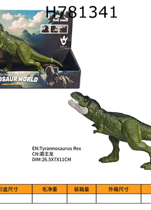 Grüne Tyrannosaurus-Rex Spielzeugfigur in Verpackung „Dinosaur World“ mit Soundhinweis