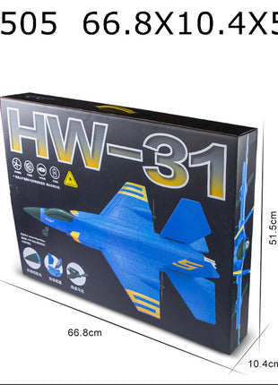 Produktverpackung HW-31: blauer RC-Modelljet mit Doppelleitwerk, gelben Streifen und gelber Nummer 5, 2,4G 5-Wege-Gleitjäger