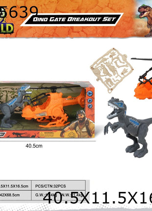 Dino World Dino Gate Breakout Set mit orangefarbenem Helikopter, Dinosaurier-Figur und Actionfigur in Fensterbox