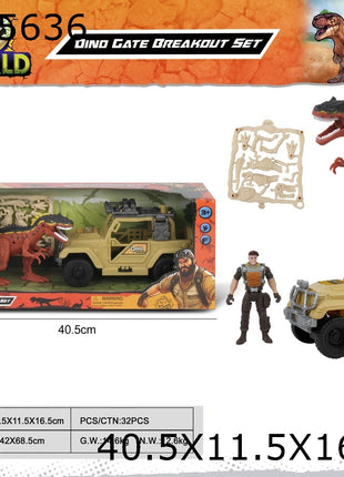 Dino World Dino Gate Breakout Set mit gelbem Offroad-Fahrzeug, Dinosaurier, Actionfigur und Zubehör in Fensterbox