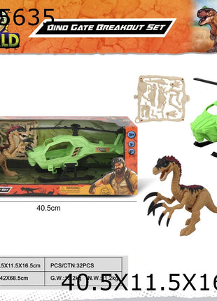 Dino World Dino Gate Breakout Set in orangefarbener Box mit gruenem Helikopter, Dinosaurierfigur und Forscherfigur