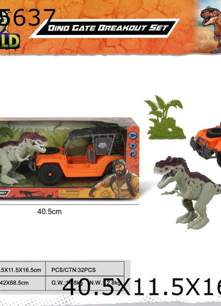 Dino World Dino Gate Breakout Set Spielset mit orangefarbenem Geländewagen, T-Rex, Actionfigur und Pflanzen-Accessoire