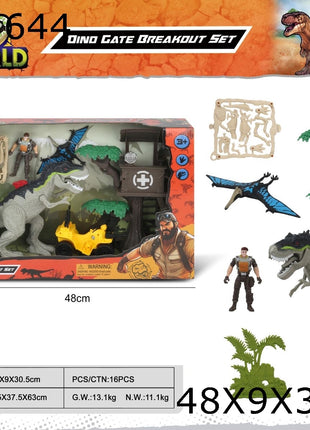 Dino World Dino Gate Breakout Set Spielset mit großem Dinosaurier, Offroad-Fahrzeug, Actionfigur, Baum-Aussichtsposten und Flugsaurier in Box