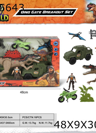 Dino World Dino Gate Breakout Set Spielset mit großem Dinosaurier, Actionfigur, Fahrzeug und Zubehör in Fensterbox