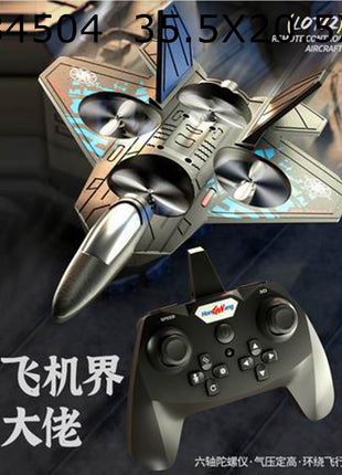 Ferngesteuertes RC-Schaumstoffflugzeug im Jet-Design mit drei Ducted-Fans über einer schwarzen Fernsteuerung