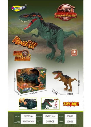 Grün-schwarze Tyrannosaurus-Rex-Dinosaurierfigur mit Soundfunktion in Fensterbox mit „Try me!“