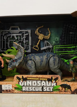 Dinosaur Rescue Set Spielset mit großem Triceratops-Dinosaurier, kleinem Dino, zwei Actionfiguren und Käfig-Zubehör in Box