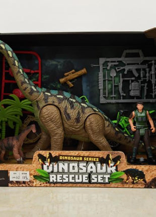 Dinosaur Rescue Set in Display-Box mit großem Sauropoden, kleinem Dino, Action-Figur, grünem Motorrad und Zubehör