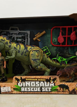 Dinosaur Rescue Set in Box: großer grün-gelber T-Rex, Explorer-Actionfigur, zwei kleine Dinos, Motorrad und Zubehör im Dschungel-Design