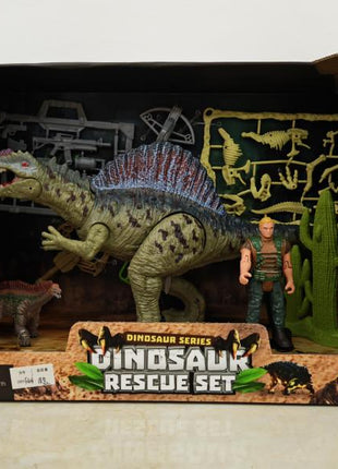 Boxed Dinosaur Rescue Set mit großer Dinosaurierfigur, Actionfigur im Tarnoutfit, kleinem Dino, Kakteen und Zubehörteilen