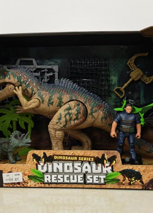 Dinosaurier-Rettungsset in Displaybox mit großem Dino, kleiner Dinofigur, Action-Figur, Farnen und Käfig