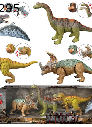 Dinosaurier Modell-Set mit Pteranodon, Brachiosaurus, Tyrannosaurus und Styracosaurus in Fensterbox, teils beweglich