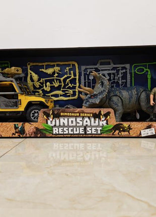 Verpacktes Dinosaur Rescue Set mit Triceratops-Figur, Offroad-Fahrzeug, Forscherfigur und Zubehörteilen im Fossilien-Look
