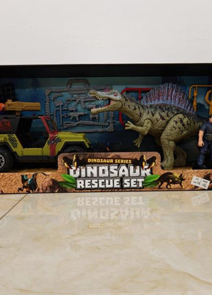Verpacktes Dinosaur Rescue Set mit grünem Spinosaurus, Offroad-Jeep, Actionfigur und Zubehör (Dinosaur Series)