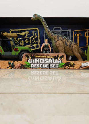 Dinosaurier Rettungs-Set mit großem Brachiosaurus, Actionfigur, grün-schwarzem Geländefahrzeug und Zubehör in Verpackung