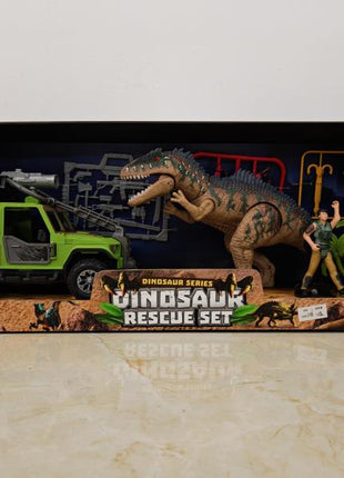 Boxed Dinosaur Rescue Set mit gruenem Offroad-Fahrzeug, Dinosaurierfigur, Safari-Actionfigur, Zubehoer und Palmen