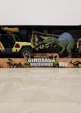 Dinosaurier-Spielset in Box mit Geländewagen, grüner Dinosaurierfigur und Explorer-Figur samt Zubehör