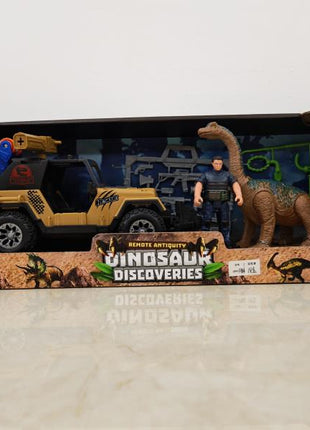 Dinosaurier-Entdecker-Spielset in Fensterbox mit langhalsigem Dino, Actionfigur und gelb-schwarzem Rescue-Jeep mit Kranarm