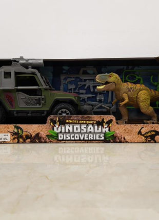Dinosaurier-Spielset in Box mit Geländewagen, T-Rex-Figur und Actionfigur ab 3 Jahren