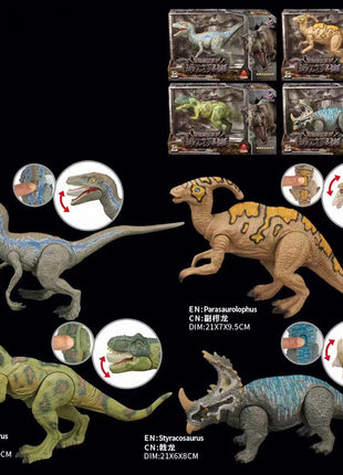 Dinosaurier Modell-Set mit sechs Dino-Figuren mit Druckfunktion, darunter Velociraptor, T-Rex, Parasaurolophus und Styracosaurus