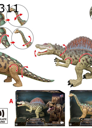 Zwei Dinosaurier-Spielzeugfiguren (Brachiosaurus und Spinosaurus) mit markierten Gelenkpunkten, Sound-Hinweis und Verpackungsansicht