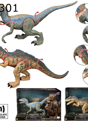 DINOSAURS WORLD Dino-Figuren Set mit Velociraptor und Giganotosaurus in Fensterbox, beide beweglich