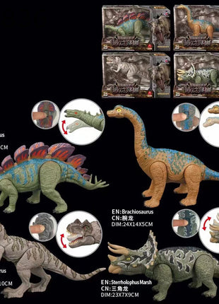 Vier Dinosaurier-Spielzeugfiguren im Set mit Verpackungen: Stegosaurus, Brachiosaurus, Ceratosaurus und ein horniger Dinosaurier, jeweils mit beweglicher Action-Funktion.