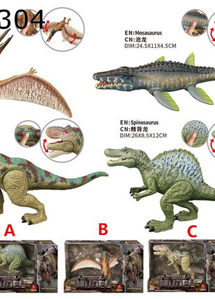 Dinosaurier Modell-Set mit Quetzalcoatlus, Mosasaurus, Tyrannosaurus und Spinosaurus in Fensterboxen, mit beweglichen Kiefern und Flügeln