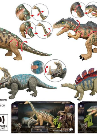 Set mit vier Dinosaurier-Actionfiguren (Brachiosaurus, Giganotosaurus, Styracosaurus, Stegosaurus) mit beweglichen Gelenken und grünen Pflanzen-Accessoires