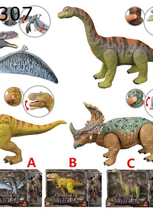 Dinosaurier-Modellset mit vier beweglichen Figuren (Pteranodon, Brachiosaurus, T-Rex und Styracosaurus) in Fensterboxen