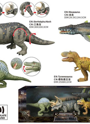 Vier Dinosaurier-Spielzeugfiguren im Set (Sternolophus Marsh, Spinosaurus, Mosasaurus, T-Rex) mit beweglichen Teilen und Soundeffekt, in Fensterbox
