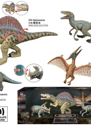 Set aus fünf Dinosaurier-Actionfiguren in Fensterbox, darunter Spinosaurus, Velociraptor, Flugsaurier und Styracosaurus