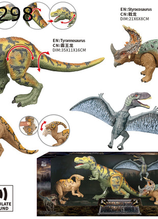Verpacktes Dinosaurier-Figuren-Set mit fünf detailreichen, beweglichen Dinos (u. a. Tyrannosaurus, Styracosaurus) und Symbolen für Sound und bewegliche Teile