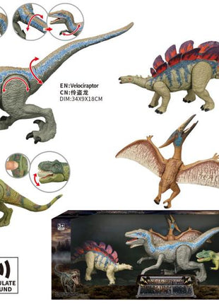 Set aus vier Dinosaurier-Spielfiguren (Velociraptor, Tyrannosaurus, Stegosaurus und Quetzalcoatlus) in Display-Verpackung mit Größenangaben