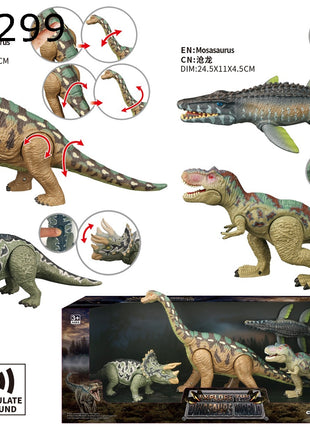 Dinosaurier Modell-Set mit vier Figuren in Geschenkbox: Brontosaurus, Mosasaurus, Tyrannosaurus und Horn-Dinosaurier