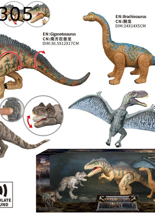 Dinosaurier-Modellset mit 4 Figuren (Giganotosaurus, Ceratosaurus, Brachiosaurus, Eudimorphodon) in Display-Box mit Gelenken und Sound-Symbol