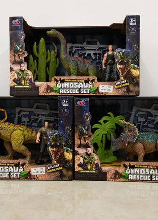 Verpacktes Dinosaur Rescue Set aus der Dinosaur Series mit Dinosaurierfigur, Actionfigur und Pflanzen-Zubehör