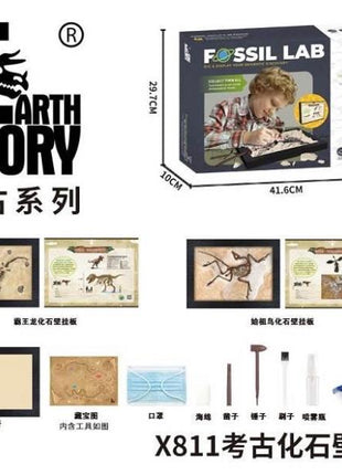 EARTH STORY FOSSIL LAB Ausgrabungsset mit Dino-Fossilien-Wandbildern (T-Rex und Archaeopteryx) samt Werkzeugen und Schutzbrille