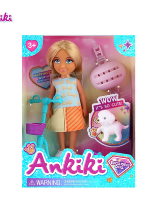 Bunte Anziehpuppe mit Roller und Hundebegleiter