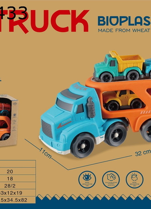 Nachhaltiger Schiebe-LKW aus Bioplastik mit Mini-Fahrzeugen