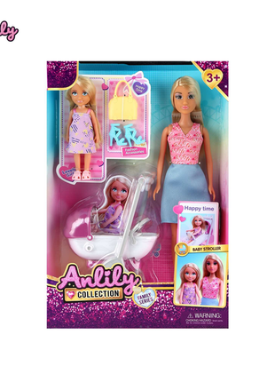 Stilvolle Anziehpuppe mit Kinderwagen und Zubehör