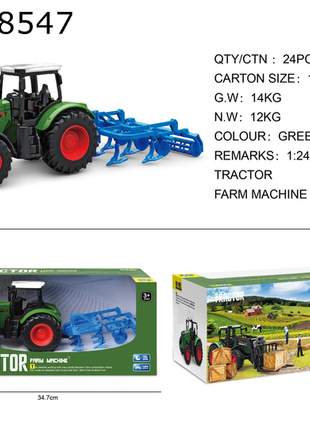 Robuster grüner Traktor mit Pflug im Maßstab 1:24